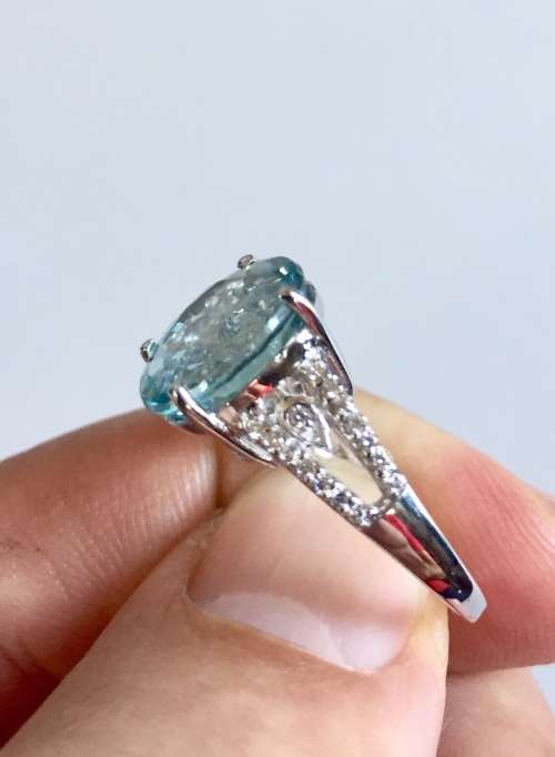 4.9 CT AQUA BLUE AQUAMARINE & SAPPHIRE OVAL STERLING SILVER 925 RING SIZE SIZE N