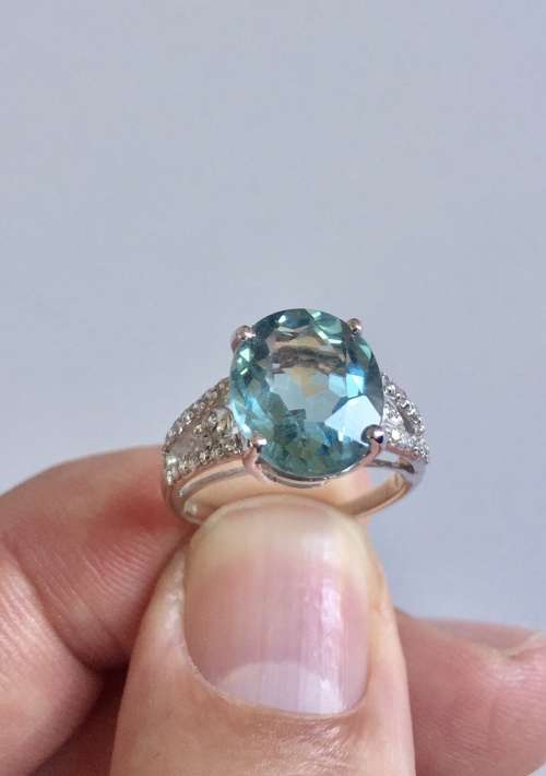 4.9 CT AQUA BLUE AQUAMARINE & SAPPHIRE OVAL STERLING SILVER 925 RING SIZE SIZE N