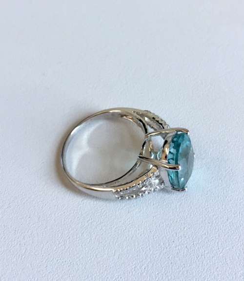 4.9 CT AQUA BLUE AQUAMARINE & SAPPHIRE OVAL STERLING SILVER 925 RING SIZE SIZE N