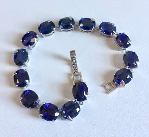73.45CT LAB CREATED KASHMIRE BLUE SAPPHIRE OVAL STERLING SILVER 925 BRACELET LENGTH 8 INCHES