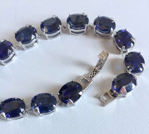 73.45CT LAB CREATED KASHMIRE BLUE SAPPHIRE OVAL STERLING SILVER 925 BRACELET LENGTH 8 INCHES