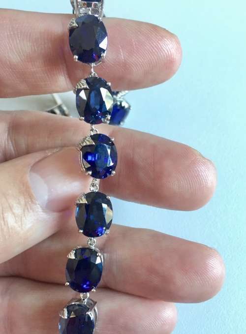73.45CT LAB CREATED KASHMIRE BLUE SAPPHIRE OVAL STERLING SILVER 925 BRACELET LENGTH 8 INCHES