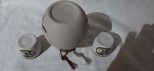** Japanese 20th Century Ceramic Sake Decanter and Two Cups (13cm). **