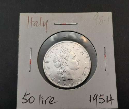 **ORIGINAL: Post-War 1954 Italy 50 Lire Coin (Sealed)  .**