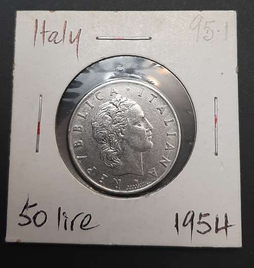 **ORIGINAL: Post-War 1954 Italy 50 Lire Coin (Sealed)  .**