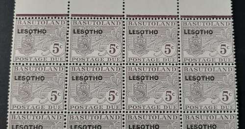 ** 1966 Basutoland Grey 5c Postage Due Lesotho Overprint Mint Block Sheet x16 Stamps.**