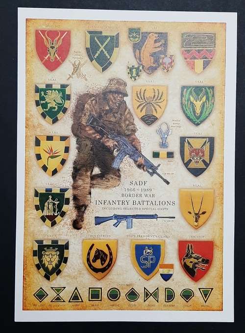 ** SADF Infantry Battalions (1966-1989) Insignia Poster on Cardboard (30cm x 21cm).**