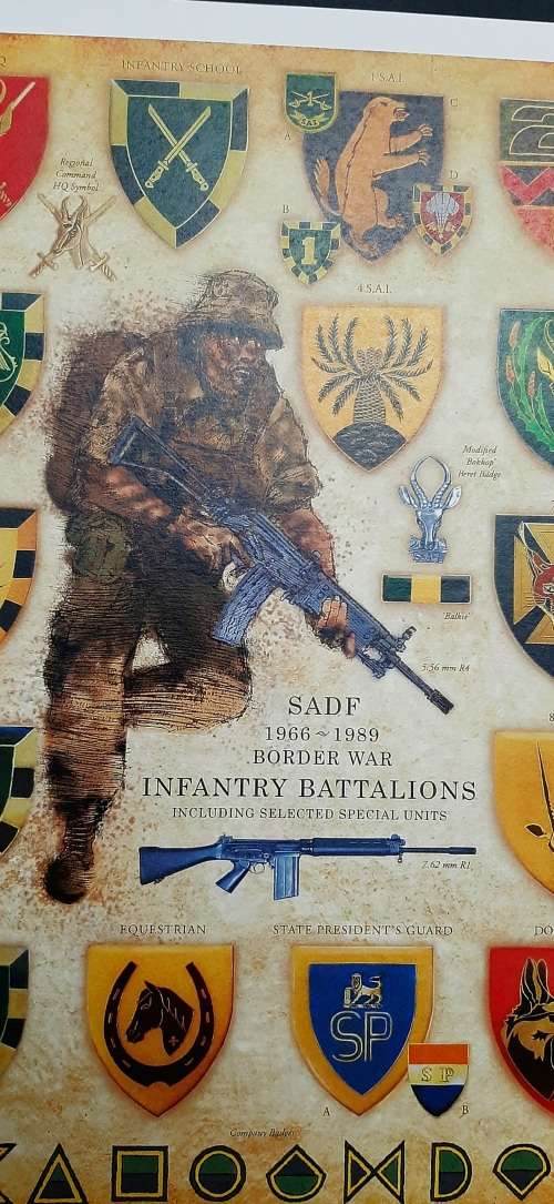 ** SADF Infantry Battalions (1966-1989) Insignia Poster on Cardboard (30cm x 21cm).**