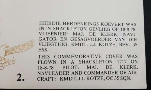 ** South African Air Force: 35 Squadron FDC w/ Original Photo of Pilot Major De Klerk .**