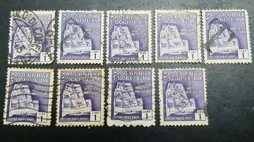 ** 1944 Italian Social Republic 1 Lire Stamps x9 (USED).**
