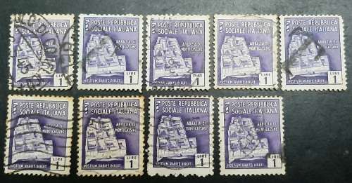 ** 1944 Italian Social Republic 1 Lire Stamps x9 (USED).**