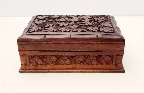 Ornate 19th Century Ceylonese Hardwood Secret Lock Jewellery Box 17cm x 12cm