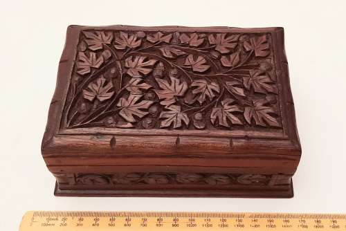 Ornate 19th Century Ceylonese Hardwood Secret Lock Jewellery Box 17cm x 12cm
