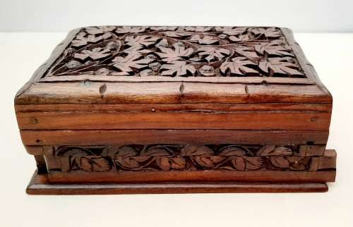 Ornate 19th Century Ceylonese Hardwood Secret Lock Jewellery Box 17cm x 12cm
