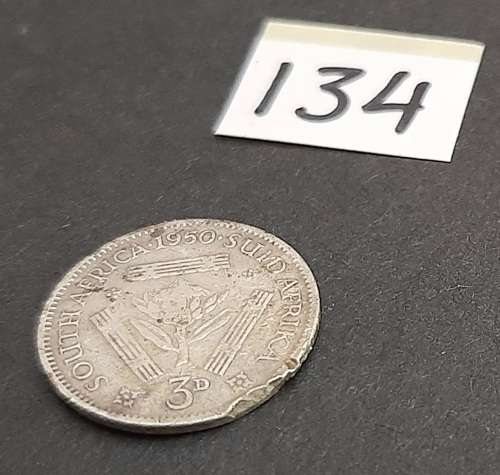 ** 1950 KGVI South Africa 3d  .800 Silver  Coin (F).**