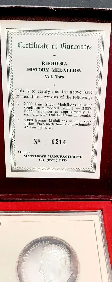 Rare 1970s Rhodesian History Series .999 fine silver Ian Smith medallion with certificate
