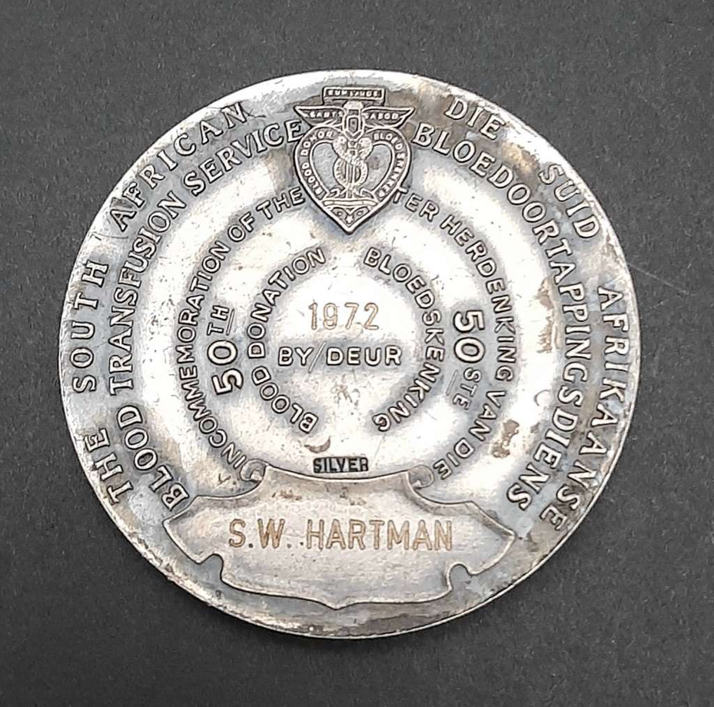 ** 1972 S.A. Blood Transfusion Service .925 Silver Medallion (60.12 gram)**