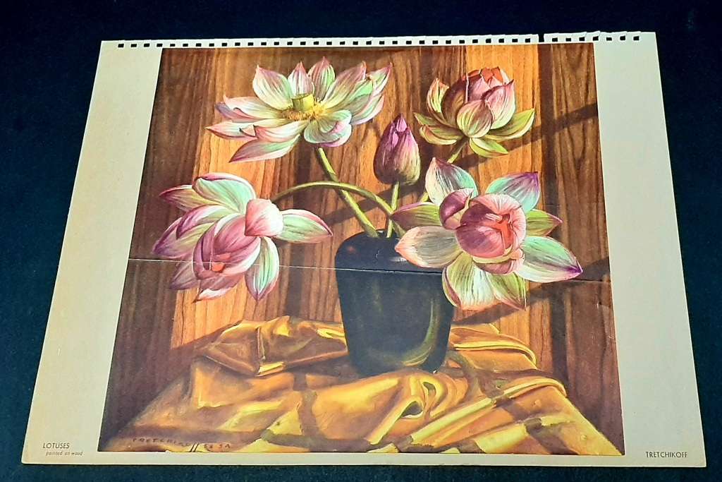 **RARE: Hand-Signed Vladimir Tretchikoff `Lotuses Painted on Wood Lithographic Print (36cm x27cm).**