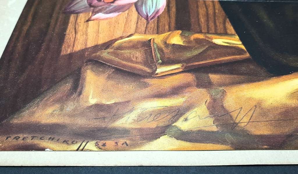 **RARE: Hand-Signed Vladimir Tretchikoff `Lotuses Painted on Wood Lithographic Print (36cm x27cm).**