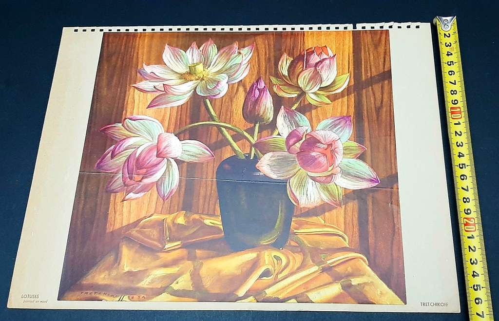 **RARE: Hand-Signed Vladimir Tretchikoff `Lotuses Painted on Wood Lithographic Print (36cm x27cm).**