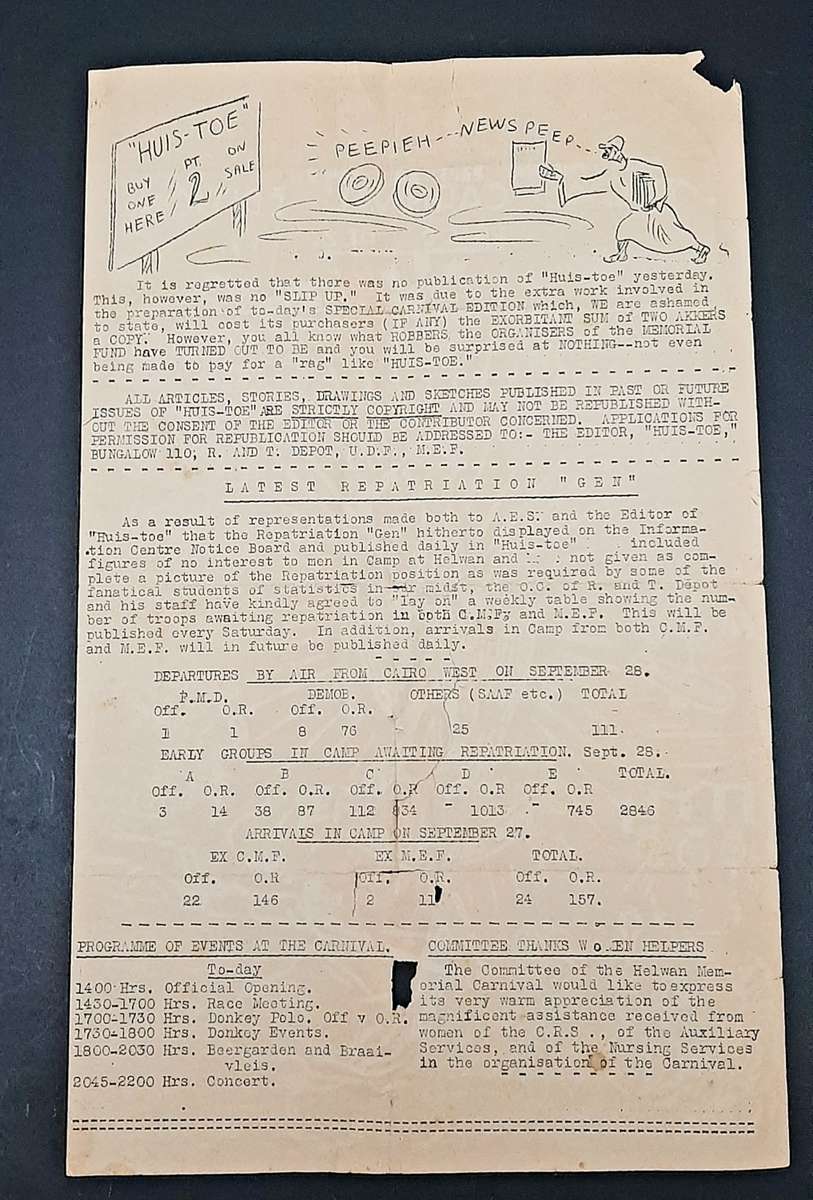 **RARE: WW2 South African `Huis Toe` Demob. Newsletter D/Sided (Sept. 1945).**