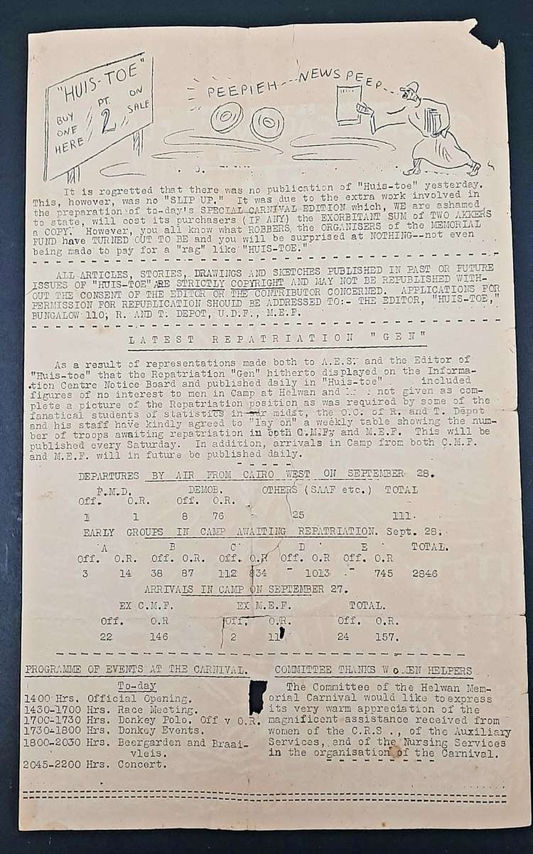 **RARE: WW2 South African `Huis Toe` Demob. Newsletter D/Sided (Sept. 1945).**