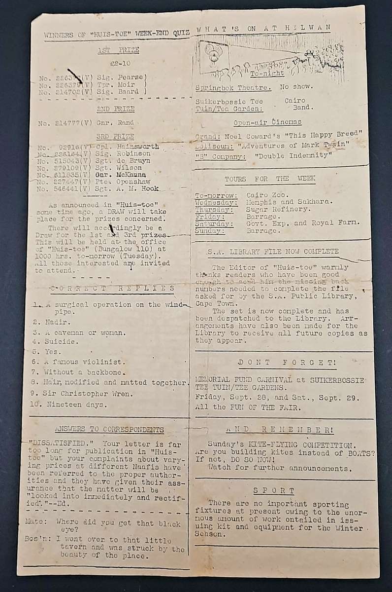 **RARE WW2 : South African Forces `Huis Toe` Demob. Newsletter D/ Sided #2 (1945).**