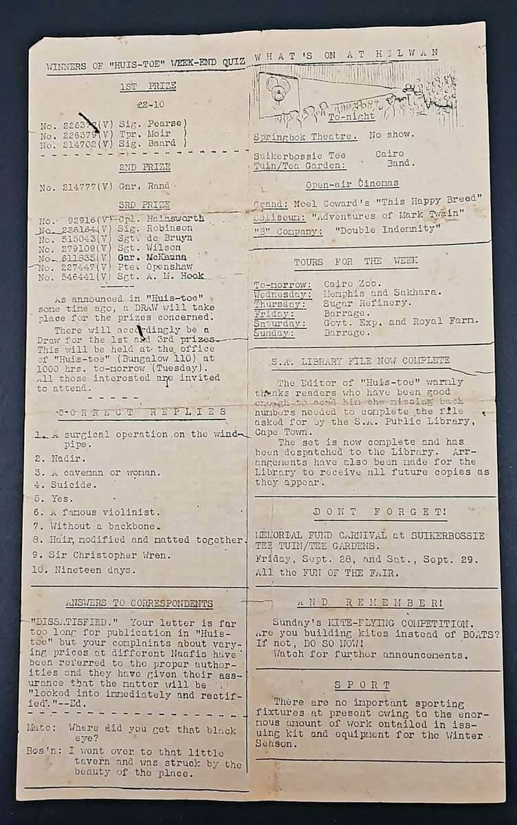 **RARE WW2 : South African Forces `Huis Toe` Demob. Newsletter D/ Sided #2 (1945).**