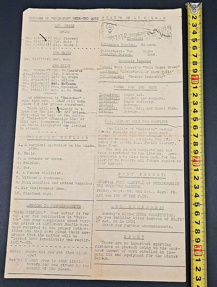 **RARE WW2 : South African Forces `Huis Toe` Demob. Newsletter D/ Sided #2 (1945).**