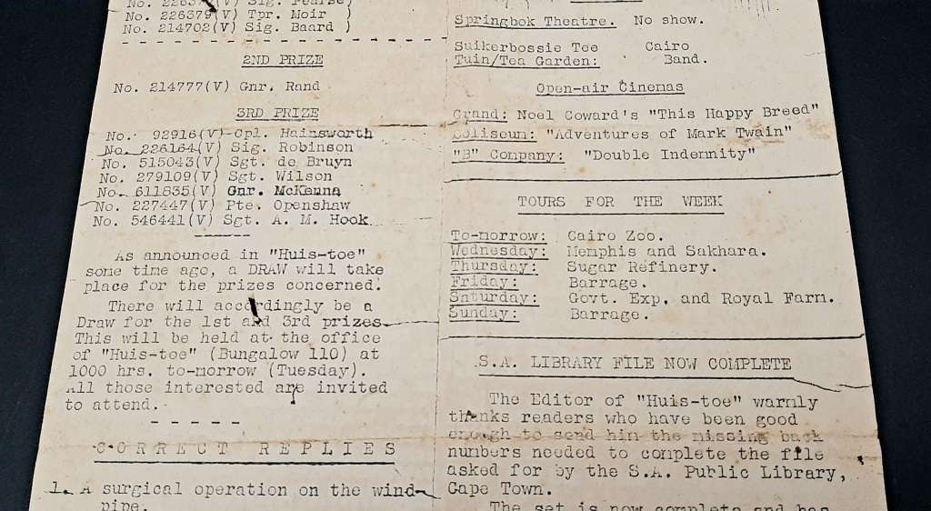 **RARE WW2 : South African Forces `Huis Toe` Demob. Newsletter D/ Sided #2 (1945).**