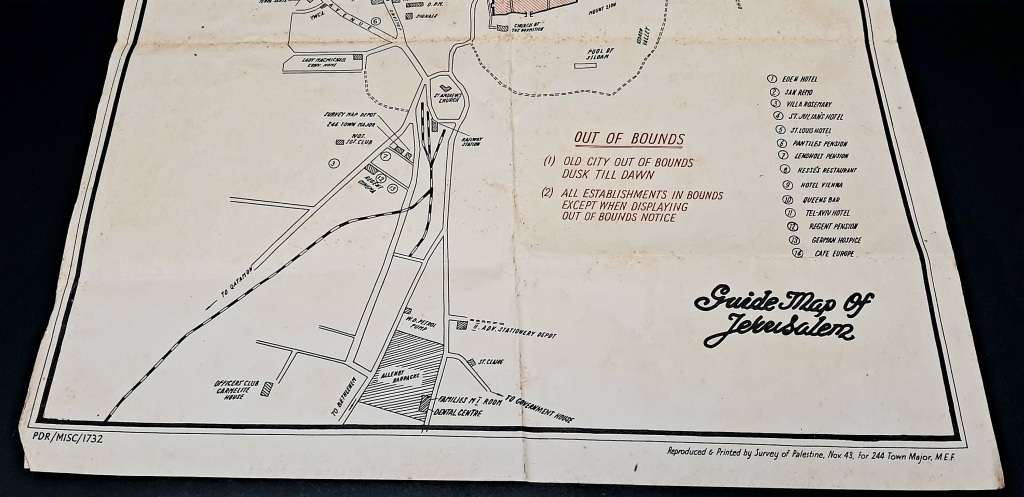 **RARE WW2: British Military Authority `Palestine` Jerusalem City Map (Inscribed April 1944).**