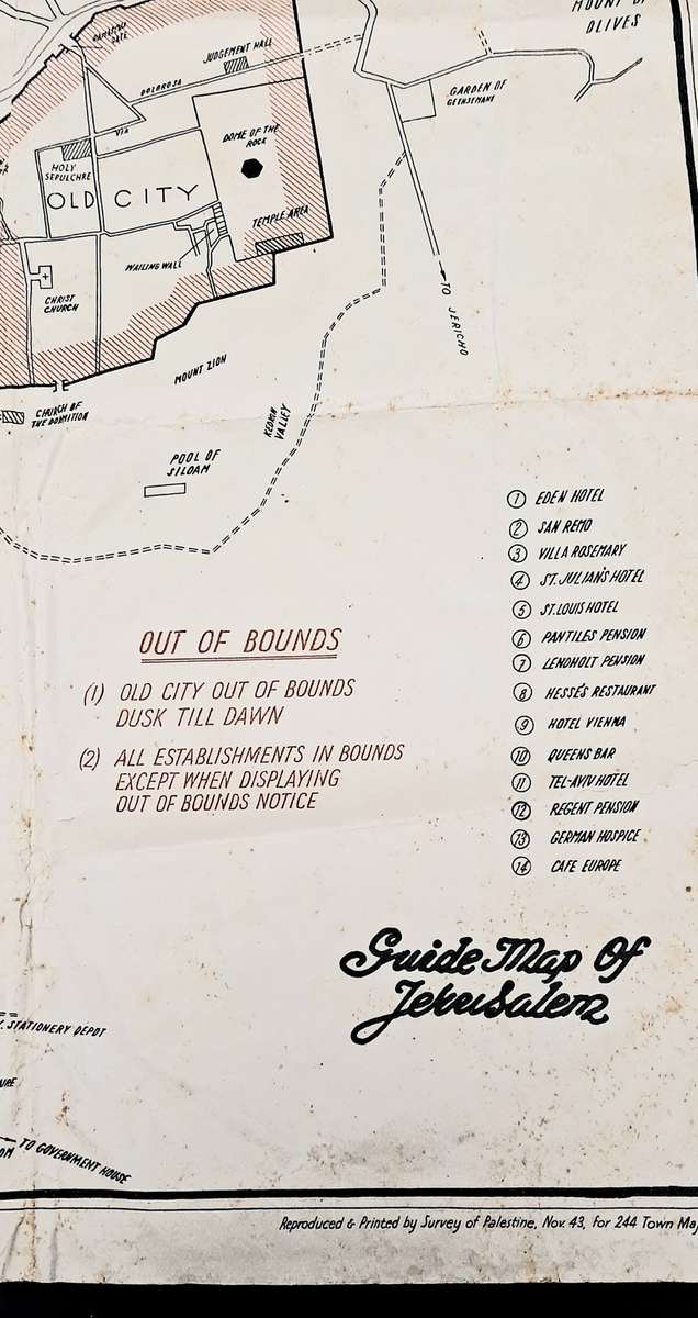 **RARE WW2: British Military Authority `Palestine` Jerusalem City Map (1943/  1944)#2 .**