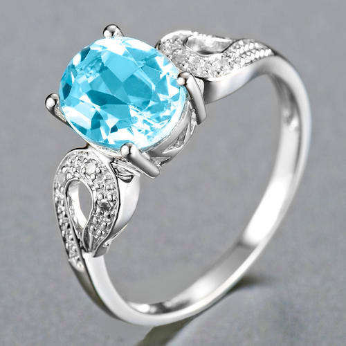 Guaranteed 100% REAL NATURAL, SOLID 14KT WHITE GOLD 2.25CT NATURAL BLUE TOPAZ AND DIAMOND RING