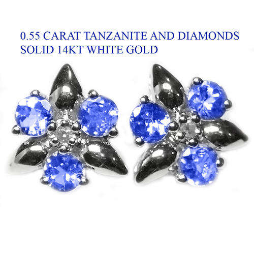 SOLID 14KT WHITE GOLD NATURAL 0.55CT TANZANITE AND DIAMONDS EARRINGS
