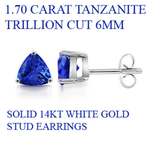 SOLID 14KT WHITE GOLD NATURAL 1.70CT TANZANITE TRILLION 6MM STUD EARRINGS