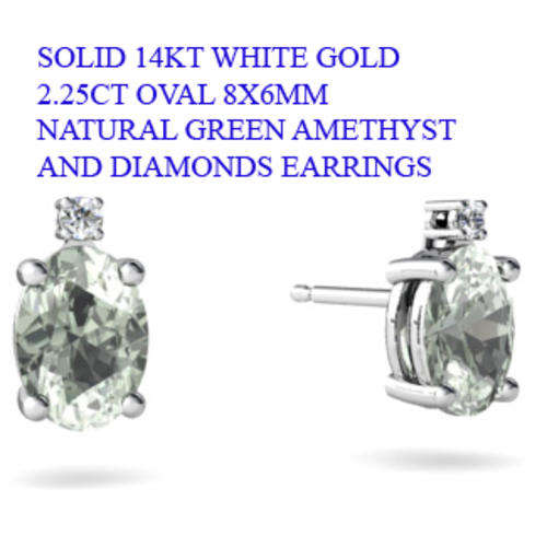 Guaranteed 100% REAL NATURAL,SOLID 14KT WHITE GOLD 2.25CT NATURAL GREEN AMETHYST & DIAMONDS EARRINGS