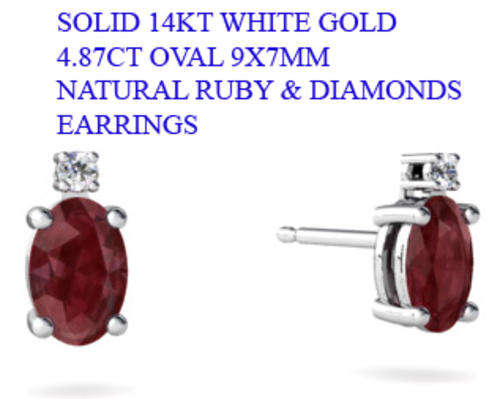 Guaranteed 100% REAL NATURAL,SOLID 14KT WHITE GOLD 4.87CT NATURAL RUBY & DIAMONDS EARRINGS