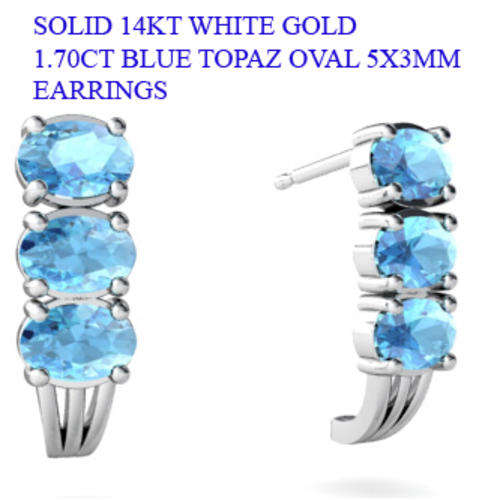 SOLID 14KT WHITE GOLD 1.70CT OVAL 5X3MM BLUE TOPAZ EARRINGS