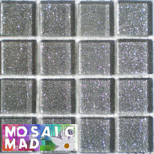 16 Crystal Glass Mosaic Tiles: SILVER GLITTER 25mm x 25mm x 4mm
