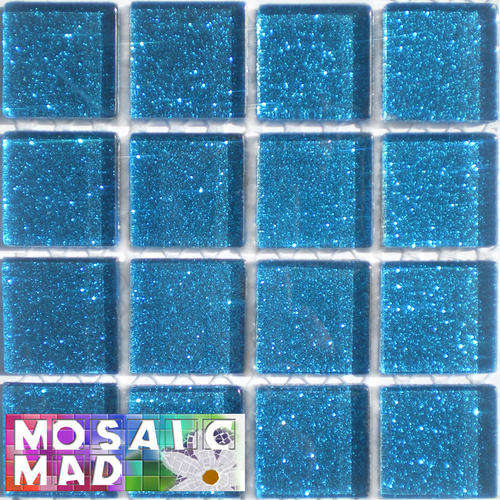 16 Crystal Glass Mosaic Tiles: TURQUOISE GLITTER 25mm x 25mm x 4mm
