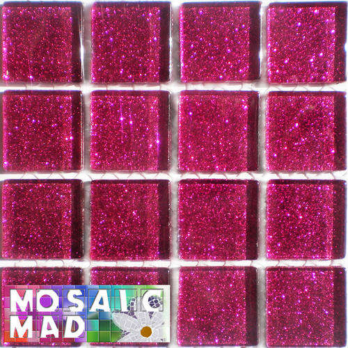 16 Crystal Glass Mosaic Tiles: CERISE GLITTER 25mm x 25mm x 4mm