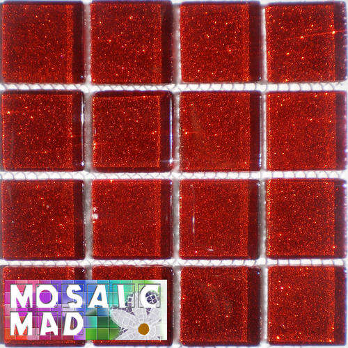 16 Crystal Glass Mosaic Tiles: RED GLITTER 25mm x 25mm x 4mm