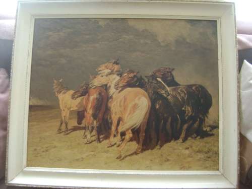 OLD  PAINTING OF HORSES IN OLD WOODEN PICTURE FRAME - OIL ON BOARD