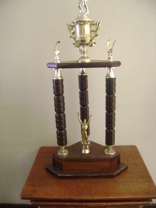 VERY LARGE TROPHY MADE OF WOOD AN SILVER PLASTIC