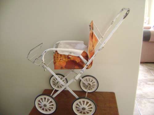 VERY OLD CHILDS PUSH PRAM - STEEL WHEELS WITH HARD BRUBBER WHEELS