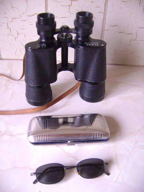 BINOCULARS, SILVER PLATED GLASES CASE AND DARK GLASSES IN VERY GOOD CONDITION