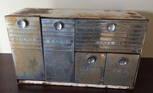 VINTAGE SUGAR, FLOUR, COFFEE. TEA AND COOKIES CABINET