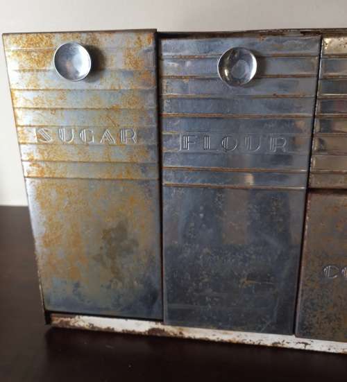 VINTAGE SUGAR, FLOUR, COFFEE. TEA AND COOKIES CABINET