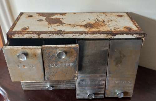 VINTAGE SUGAR, FLOUR, COFFEE. TEA AND COOKIES CABINET