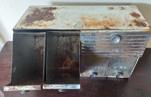 VINTAGE SUGAR, FLOUR, COFFEE. TEA AND COOKIES CABINET